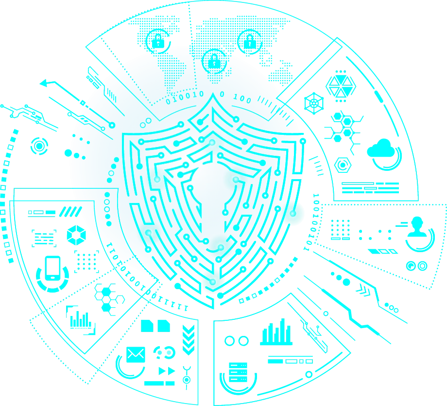 Shield madeof various cybersecurity dashboard analytics